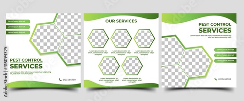 Set of social media post templates for pest control services. Flat design with photo collage. Usable for social media post, flyers, banners, and web internet ads.