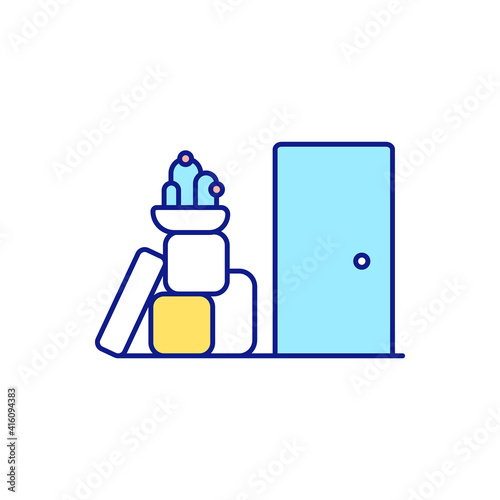 Cleaning in hallway RGB color icon. Sweeping and mopping. Using detergent to get dirt out. Cleaning-out. Tidying trash. Need to keeping clean and tidy. Isolated vector illustration
