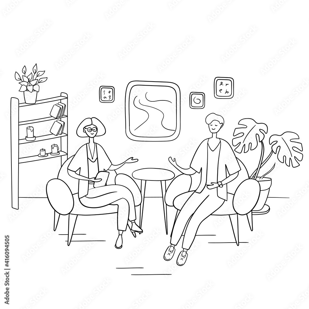 Interview show. Interviewer asks young man questions. Two people sit on chairs and talk. Hand drawn vector illustration in cartoon style