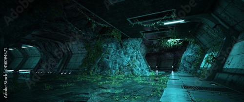 Abandoned futuristic tunnel with blue neon lights. Urban landscape. Cyberpunk wallpaper. Industrial zone in a city of a future. Photorealistic 3d illustration.