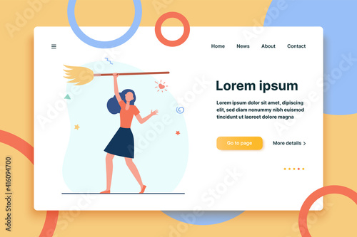 Woman standing and holding broom in hand. Household, lady, housewife flat illustration. Housekeeping and cleaning concept for banner, website design or landing web page