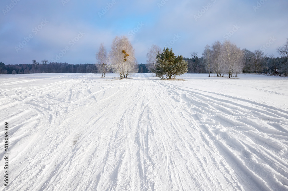 Obraz premium Winter landscape with country road covered with snow.