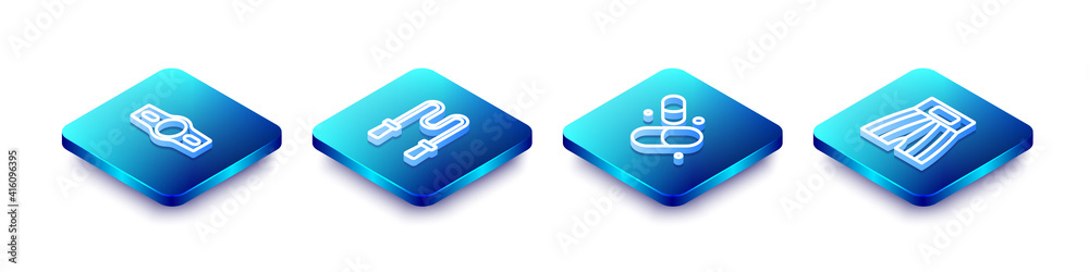Set Isometric line Boxing belt, Jump rope, Vitamin pill and short icon. Vector. Set Isometric line Boxing belt, Jump rope, Vitamin pill and short icon. Vector.