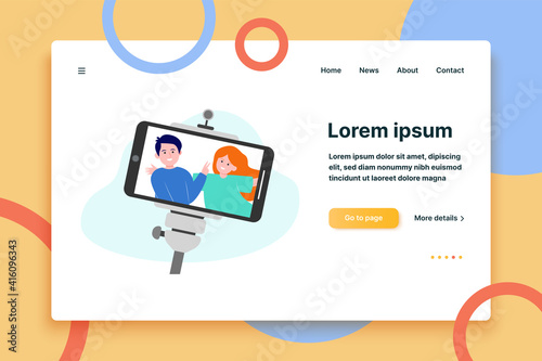 Young couple doing selfie with selfie stick. Smartphone, fun, technology flat vector illustration. Friendship and relationship concept for banner, website design or landing web page