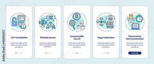 Online library benefits onboarding mobile app page screen with concepts. Customizable search walkthrough 5 steps graphic instructions. UI vector template with RGB color illustrations