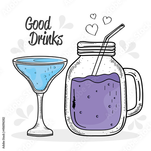 two drinks purple and blue colors drawing icons vector illustration design