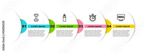 Set line Dumbbell, Punching bag, Stopwatch and Fight club MMA. Business infographic template. Vector.