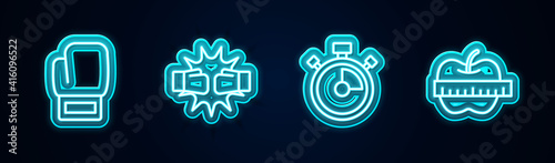 Set line Boxing glove, Punch boxing gloves, Stopwatch and Apple and measuring tape. Glowing neon icon. Vector.