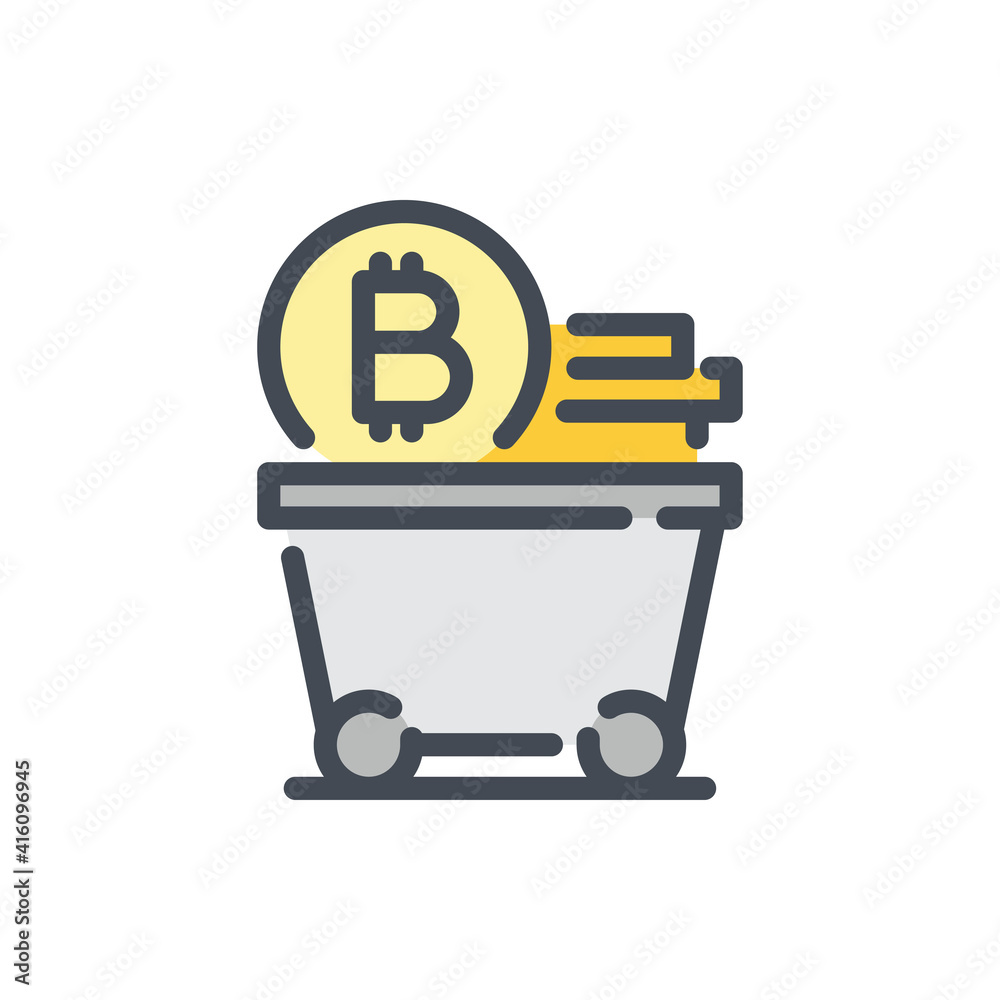 Bitcoin mining color line icon. Mine cart with stack of bitcoin coins vector outline colorful sign. Bitcoin mining color line icon. Mine cart with stack of bitcoin coins vector outline colorful sign.
