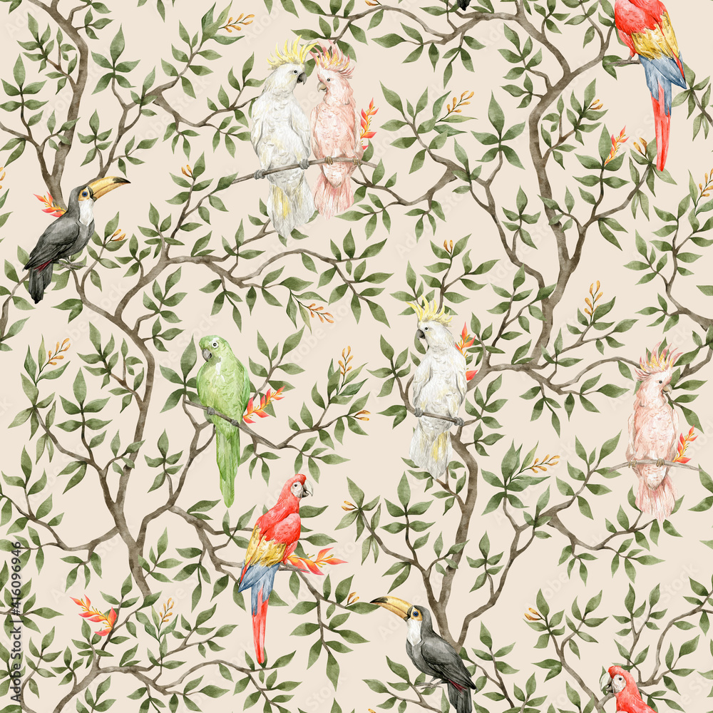Watercolor seamless pattern with trees and parrots. Vintage background