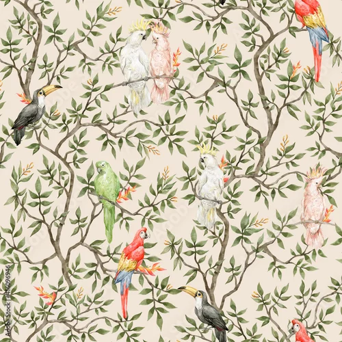 Obraz Watercolor seamless pattern with trees and parrots. Vintage background in victorian style. Boho paradise jungle with branch and birds. Ara, toucan, cockatoo, in blossom tree.
