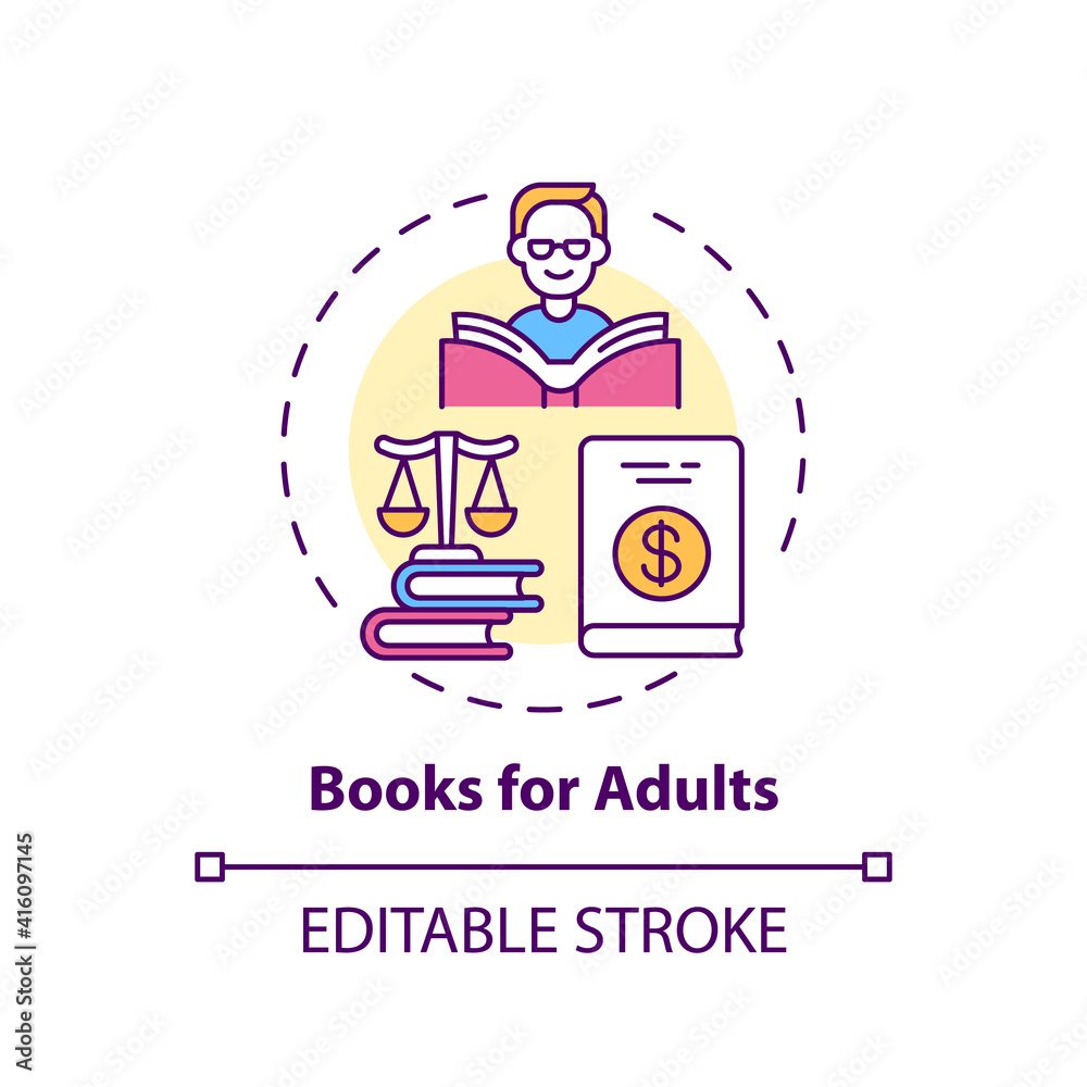 Books for adults concept icon. Online library categories idea thin line illustration. Imaginative literature. Scientific texts. Vector isolated outline RGB color drawing. Editable stroke Books for adults concept icon. Online library categories idea thin line illustration. Imaginative literature. Scientific texts. Vector isolated outline RGB color drawing. Editable stroke