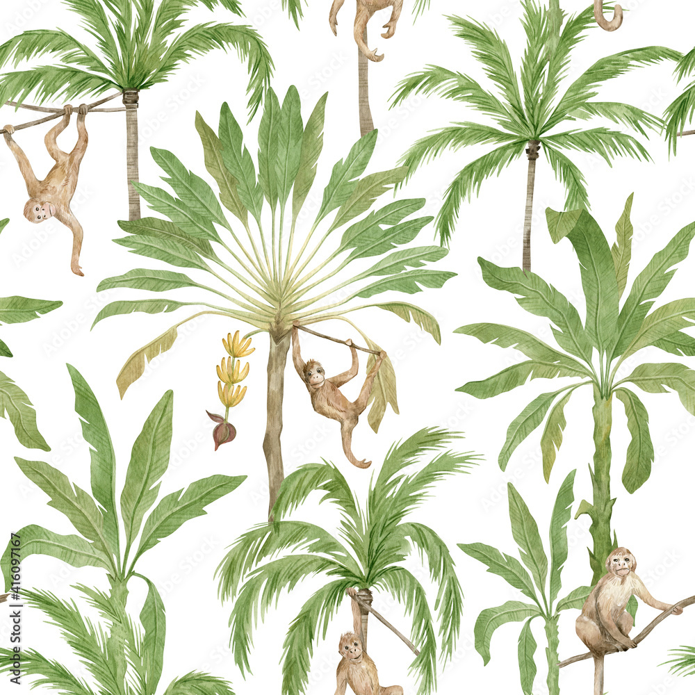 Watercolor seamless pattern with tropical monkey and palm trees. Banana palm, capuchin. Gently background with wildlife jungle elements. Trendy vintage wallpaper