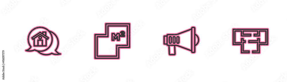 Set line Real estate message house, Megaphone, House plan and icon. Vector. Set line Real estate message house, Megaphone, House plan and icon. Vector.