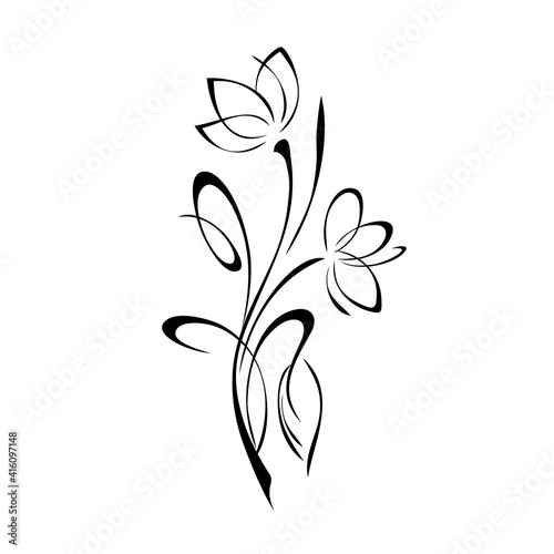 ornament 1570. two stylized flowers on stems with curls and with one leaf in black lines on a white background