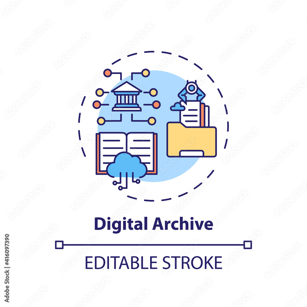 Digital archive concept icon. Online library access idea thin line illustration. Types of digital libraries. Free access to information. Vector isolated outline RGB color drawing. Editable stroke