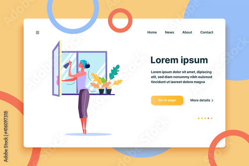 Woman washing window with cloth. Window cleaning flat vector illustration. Cleaning company services concept for banner, website design or landing web page