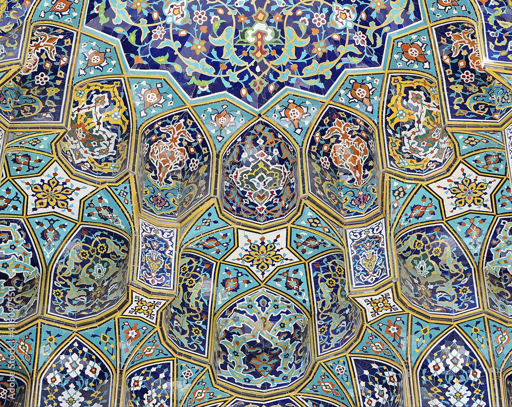Mosque  muqarnas, Tehran, Iran (muqarnas is a complex geometrical interlacing of components to produce three-dimensional surface)