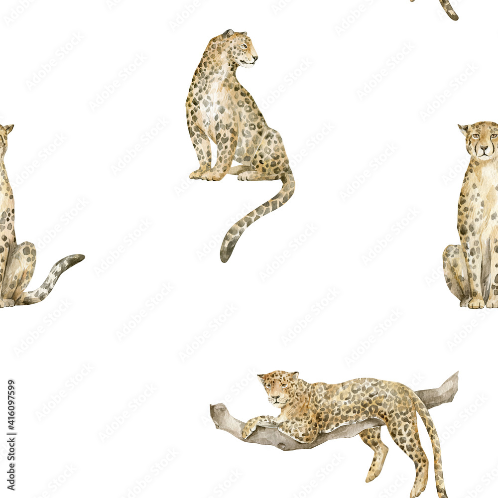 Watercolor seamless pattern with leopards, cheetah. Big wild jungle and safari cat. Background with wild animals sitting and resting on a tree. Watercolor seamless pattern with leopards, cheetah. Big wild jungle and safari cat. Background with wild animals sitting and resting on a tree.