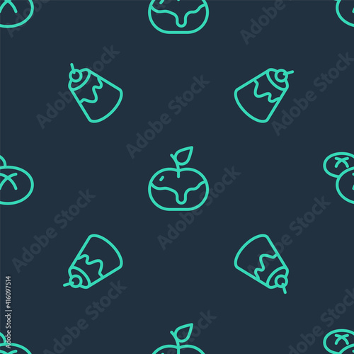Set line Apple in caramel, Pudding custard and Bread loaf on seamless pattern. Vector.