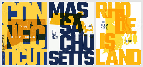 Vector posters states of the United States with a name, nickname, date admitted to the Union, Division New England - Connecticut, Massachusetts, Rhode Island - set 2 of 17