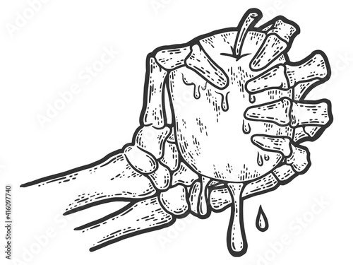 Bony skeleton hand squeezing an apple. Sketch scratch board imitation.