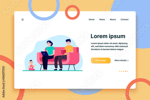 Young family sitting in one room. Sofa, laptop, book flat vector illustration. Relationship and togetherness concept for banner, website design or landing web page