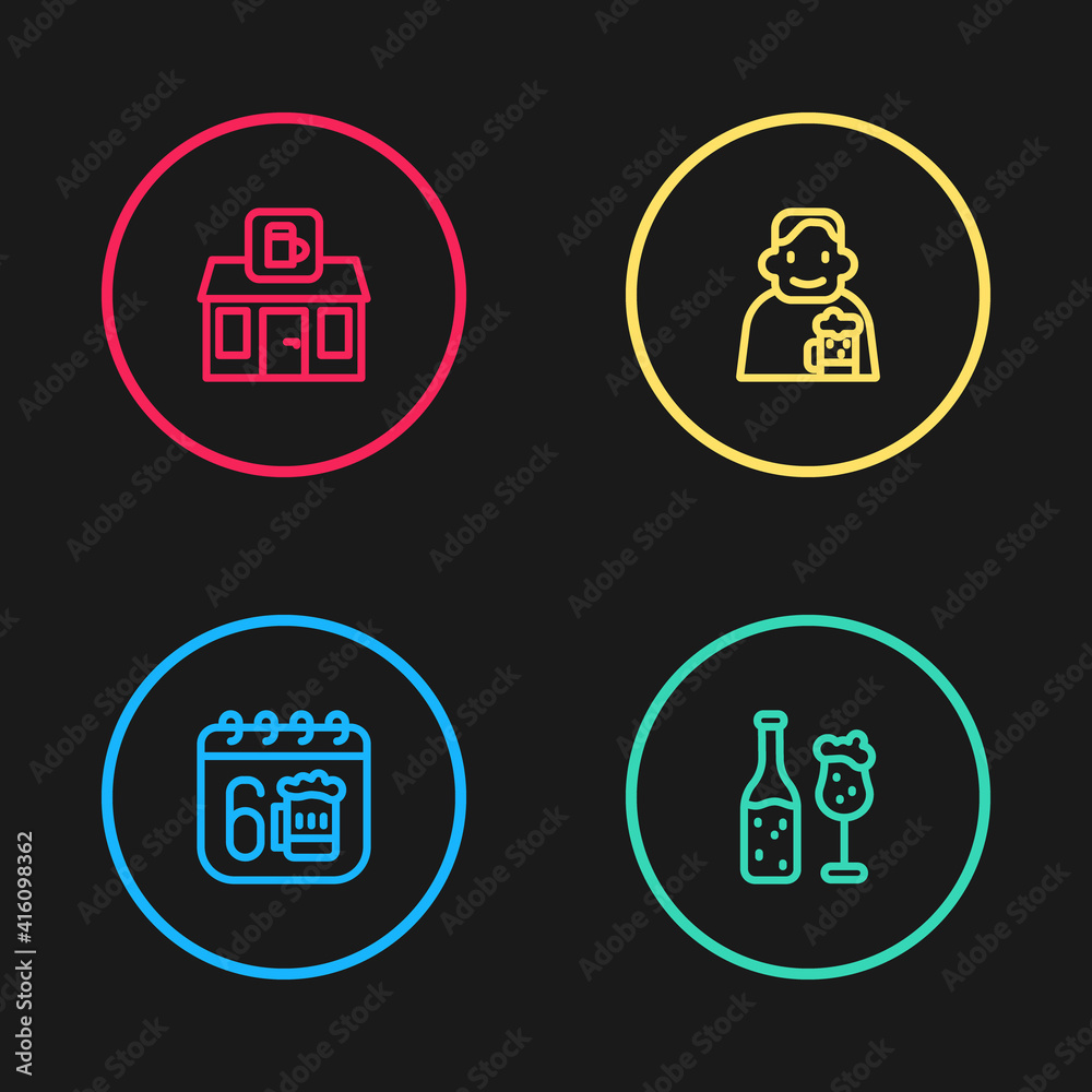 Set line Saint Patricks day calendar, Beer bottle and glass, Happy man with beer and Store building of shop icon. Vector. Set line Saint Patricks day calendar, Beer bottle and glass, Happy man with beer and Store building of shop icon. Vector.