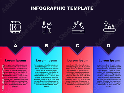 Set line Wooden barrel, Beer bottle and glass, Pack of beer bottles and Conveyor band,. Business infographic template. Vector. photo