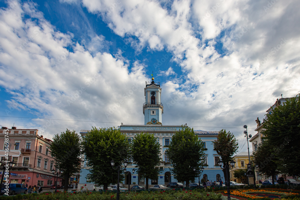CHERNIVTSI, UKRAINE - JUNE 16, 2017: Chernivtsi city hall. Central square