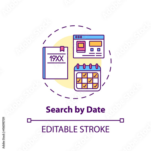 Search by date concept icon. Online library search options idea thin line illustration. Friendly searching interface. Avaliable information. Vector isolated outline RGB color drawing. Editable stroke