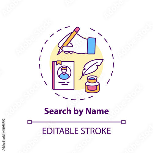 Search by name concept icon. Friendly search tools idea thin line illustration. Online library searching system. Information access. Vector isolated outline RGB color drawing. Editable stroke