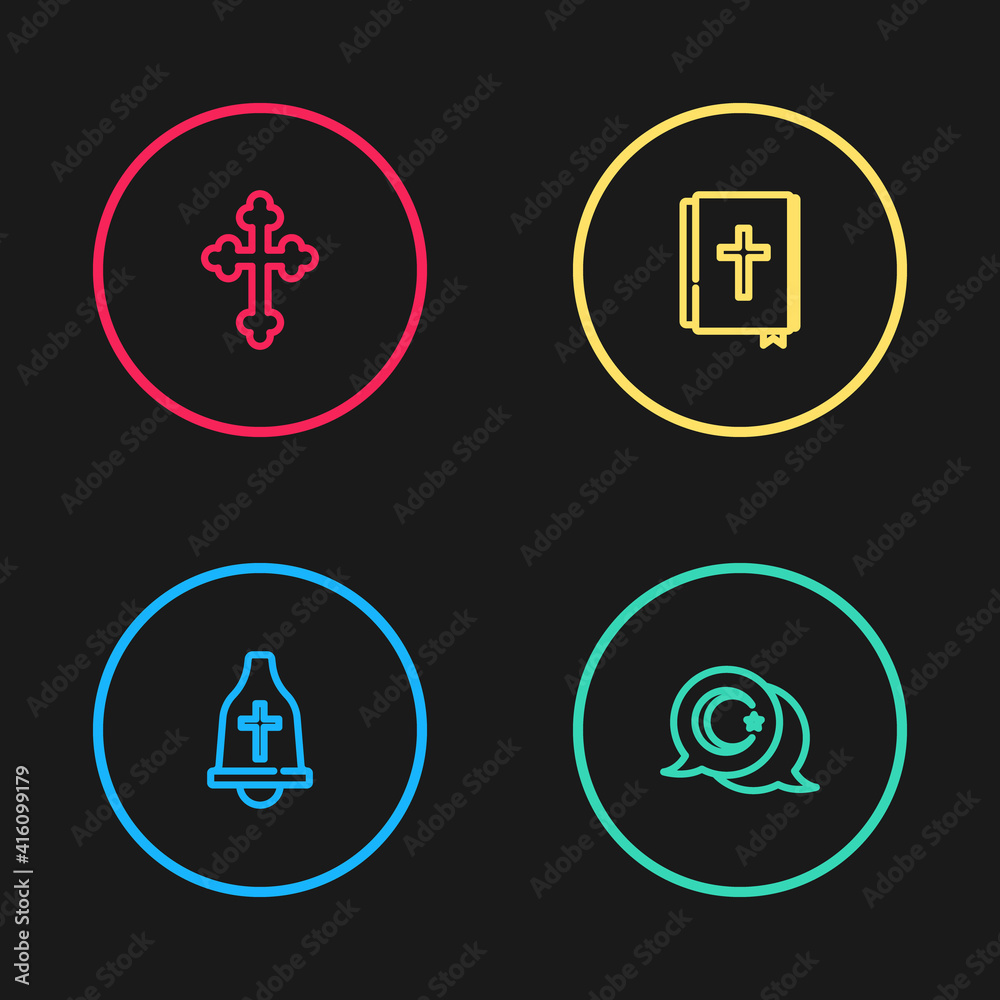 Set line Church bell, Star and crescent, Holy bible book and Christian cross icon. Vector. Set line Church bell, Star and crescent, Holy bible book and Christian cross icon. Vector.