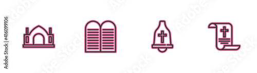 Set line Hindu spiritual temple, Church bell, The commandments and Decree, paper, parchment, scroll icon. Vector.