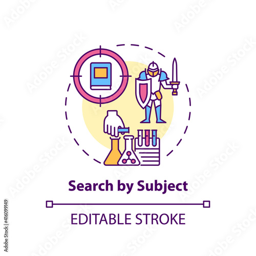 Search by subject concept icon. Online library search options idea thin line illustration. Information access optimzization. Vector isolated outline RGB color drawing. Editable stroke