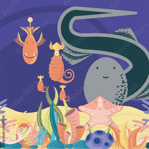 underwater world seahorse starfish sand coral reef