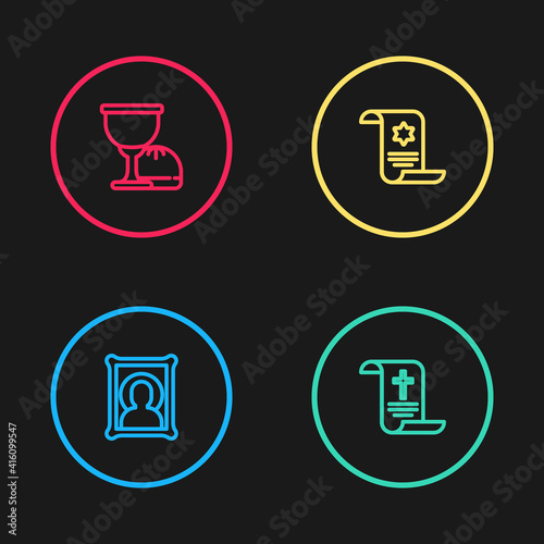 Set line Christian icon, Decree, paper, parchment, scroll, Torah and Holy grail chalice icon. Vector.