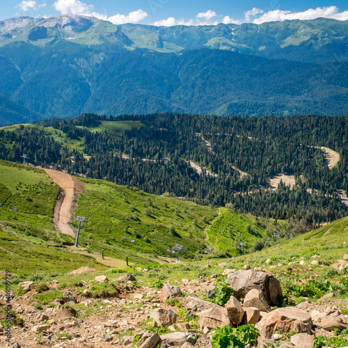 Summer landscapes of the Caucasus mountains in Rosa Khutor, Russia, Sochi, Krasnaya Polyana. Peak 2320m photo