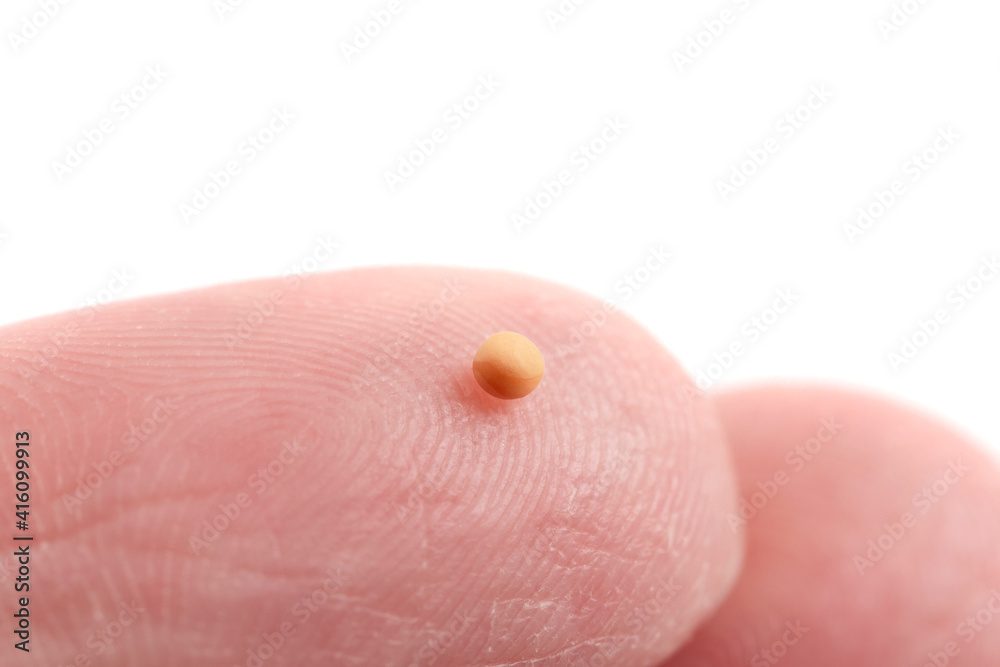 Fototapeta premium Macro View of a Mustard Seeds on a Fingertip