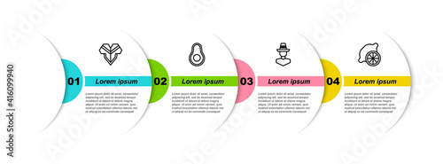 Set line Poncho, Avocado fruit, Mexican man sombrero and Lemon. Business infographic template. Vector.