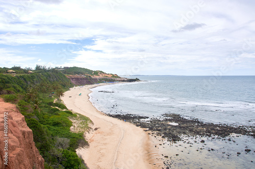 Beach with volcanic rock and palm trees in Brazil