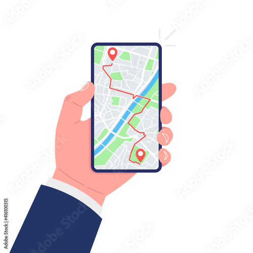 Mobile GPS navigation and tracking concept. Hand holding smartphone with city map path and location mark on the screen. Vector.