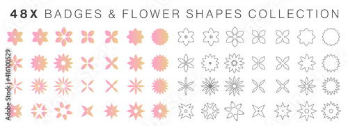 Geometric pink badges and flower shapes set collection. Circular vector abstract elements pack in the shape of badges, flowers, snowflakes, mandalas, crosses or abstract symbols, icons or logos