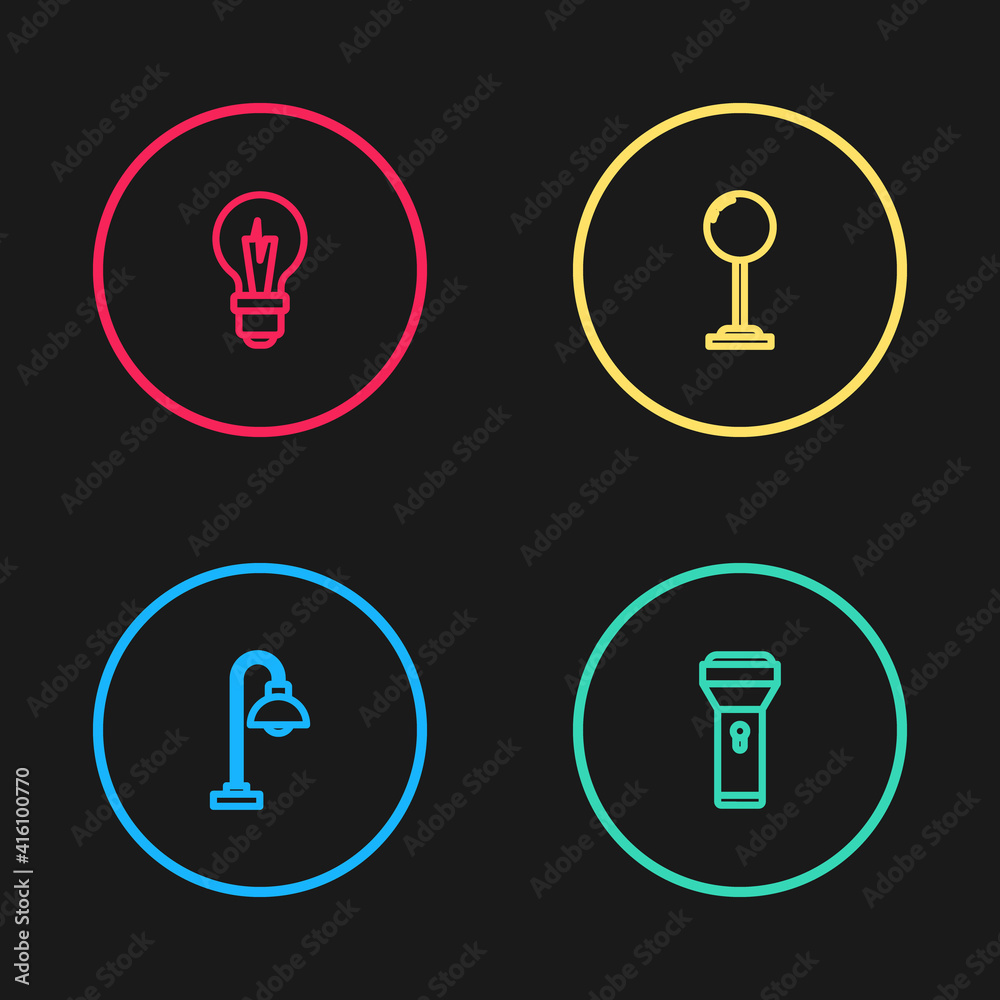 Set line Floor lamp, Flashlight, and Light bulb icon. Vector. Set line Floor lamp, Flashlight, and Light bulb icon. Vector.