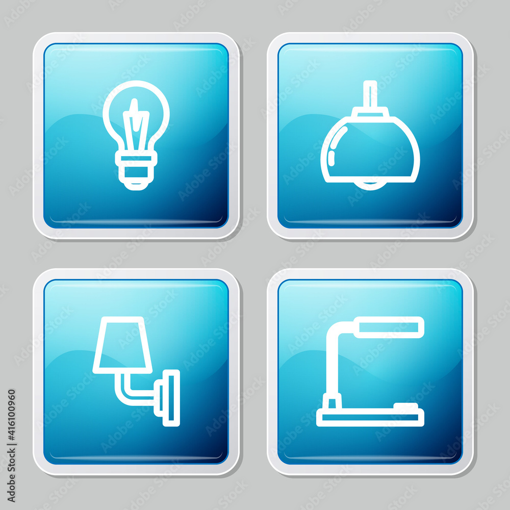 Set line Light bulb, Chandelier, Wall lamp or sconce and Table icon. Vector. Set line Light bulb, Chandelier, Wall lamp or sconce and Table icon. Vector.