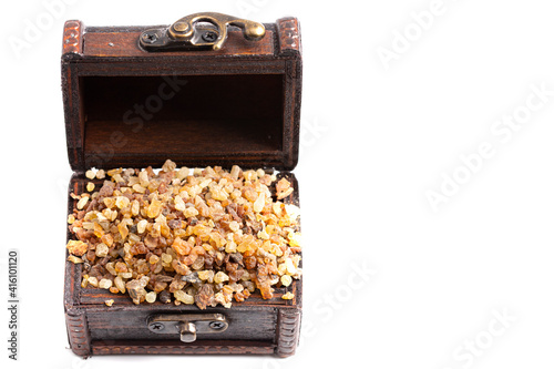 Treasure Chest of Myrrh .Resin Isolated on a White Background