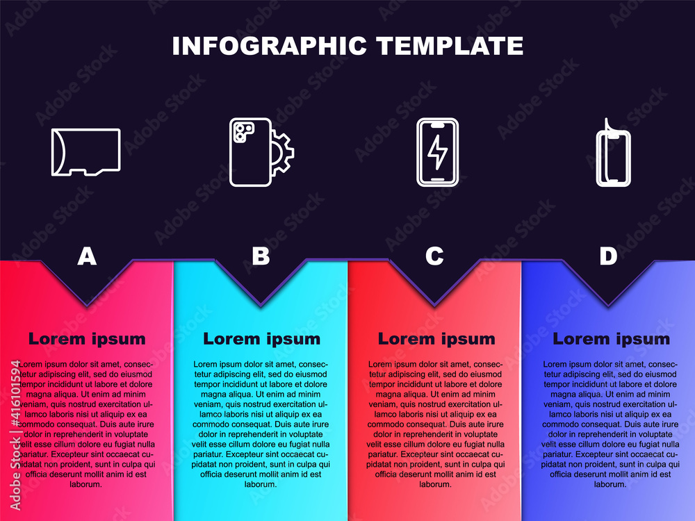 Set line Micro SD memory card, Phone repair service, Mobile charging battery and Glass screen protector. Business infographic template. Vector. Set line Micro SD memory card, Phone repair service, Mobile charging battery and Glass screen protector. Business infographic template. Vector.