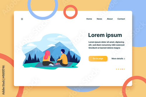 Young couple traveling in mountains. Girl and guy sitting on ground and admiring peaks flat vector illustration. Hiking, outdoor tourism concept for banner, website design or landing web page
