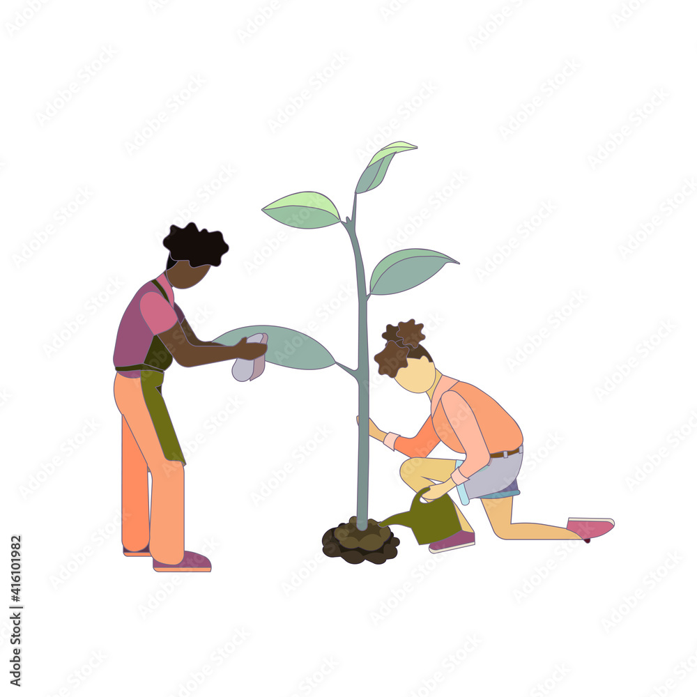 People carrying about a shoot on white isolated background, isolated people growing a plant in Cartoon style, vector illustration, concept of Gardening, Nature, Environmental Protection, Botany. People carrying about a shoot on white isolated background, isolated people growing a plant in Cartoon style, vector illustration, concept of Gardening, Nature, Environmental Protection, Botany.