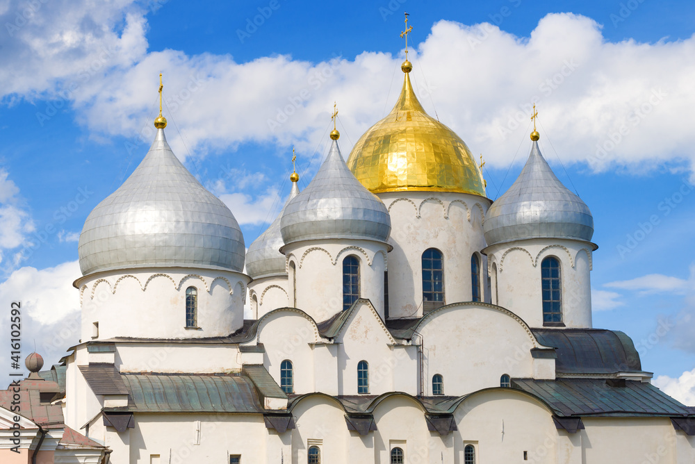 The domes of the ancient Sofia Cathedral on a sunny July day. Veliky Novgorod, Russia